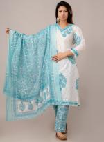 Cotton Sky Blue Casual Wear Printed Reaymade Straight Suit